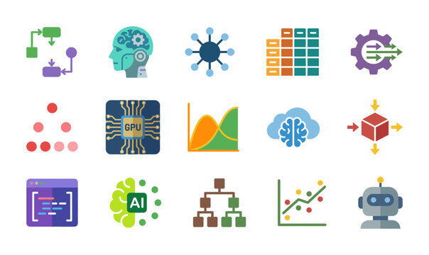 Artificial intelligence and machine learning icon set: AI, GPU, data analysis, neural network, algorithm, and robot symbols