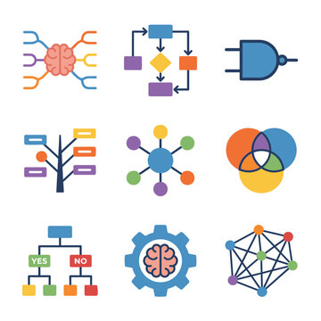 Data flow and business decision process icon set: mind map, flowchart, logic gate, Venn diagram, and network node symbols
