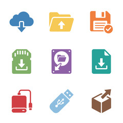 Flat vector icons set of cloud computing, data storage, backup, synchronization and file transfer process for website and mobile application design and development