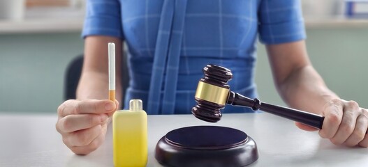 Woman holds gravel, e-cigarette, and liquid bottle in legal setting to symbolize vaping regulations and individual rights considerations concept