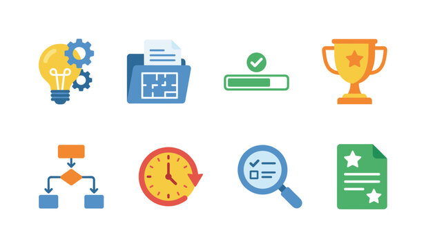 Business Productivity and Achievement Icons Set: Success, Process, Idea, Time Management, Progress, and Excellence Symbols
