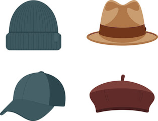 Hat collection icons set, flat illustration of winter beanie fedora cap visor and beret, stylish headwear fashion accessories
