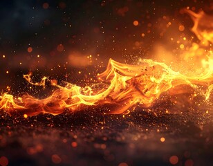 Fiery abstract swirling flame with shimmering bokeh and sparks