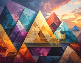 Geometric triangles layered with diverse colors against a sunset sky