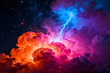 Fototapeta premium Vivid lightning cuts through neon clouds in a surreal night sky, showcasing cosmic energy, dramatic atmosphere, and powerful weather ideal for fantasy backgrounds and wallpapers.