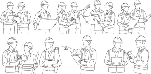 Construction Team Collaboration Set Featuring Engineers and Architects Reviewing Blueprints, Planning Projects, Inspecting Sites, and Coordinating Work