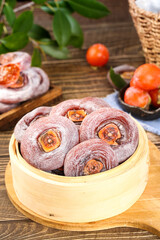Homemade Round Persimmon Cakes in Bamboo Steamer Basket