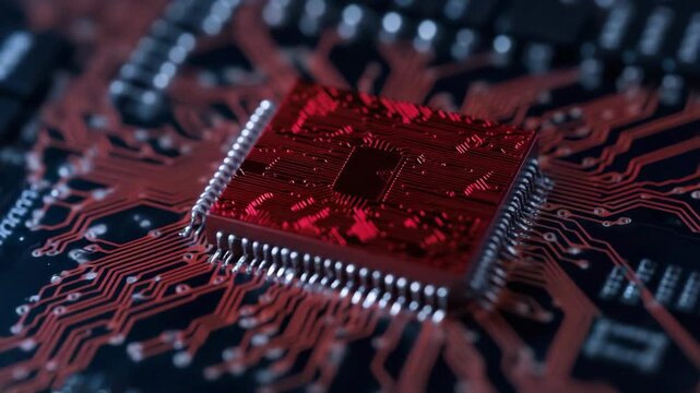 Red microchip circuit board with glowing traces conveying high tech energy and precision