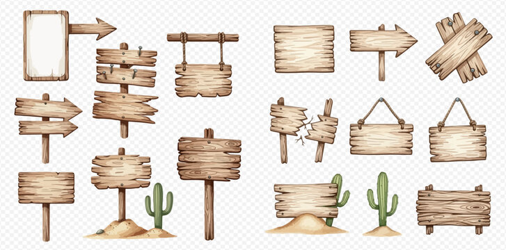 Set of watercolor wooden signs and pointers with desert elements like cactuses and sand.