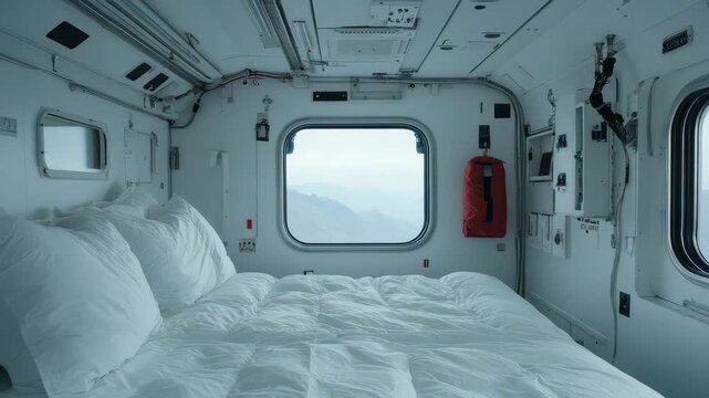 Cozy white sleeping berth compact cabin with window view of misty mountain, serene white bedding