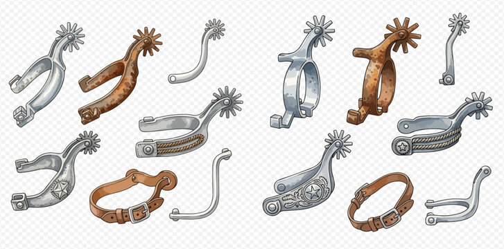 Set of metal spurs for cowboy boots, western style horse riding equipment, isolated on transparent background.