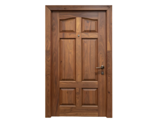 Classic paneled wooden entryway door with matte metal handle