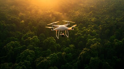 Modern White Drone Flying Over Dense Green Tropical Forest at Sunrise, Highlighting Aerial Surveillance and Environmental Monitoring