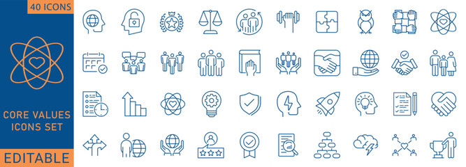 Core Values icon set. Containing core values, innovation, integrity , quality , responsibility, teamwork, reliability, honesty, and more. Outline Icon Collection.  Vector illustration.