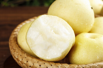 Fresh Cut Pear on Woven Basket - Studio Still Life Photography