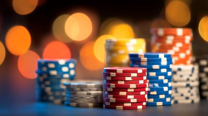 Closeup of Casino Poker Chips in Stacks.
