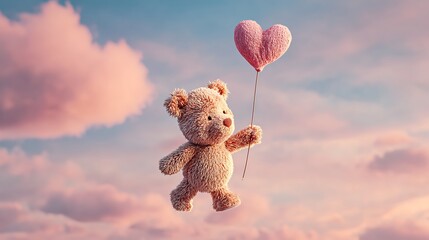 Teddy Bear Floating with Heart Balloons in Sky.
