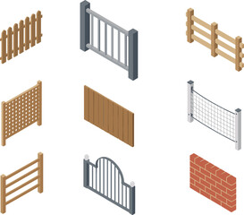 Isometric fence and barrier icons set, wooden metal mesh and brick fences, construction boundary elements illustration