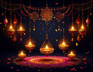 Festive illuminated scene with ornate hanging lamps and glowing candles