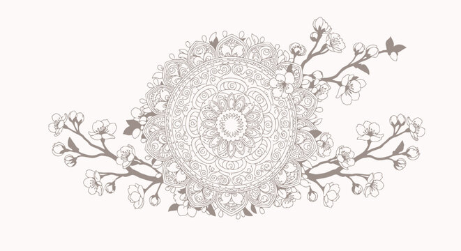 Elegant Intricate Mandala Design with Delicate Floral Branches and Blossoms.