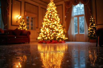 Elegant Christmas Tree Reflection on Glass Floor with Bokeh Lights