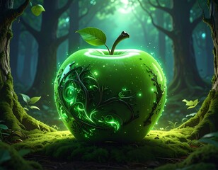 Enchanted glowing apple in a mystical, lush forest setting