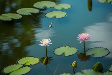 Lotus flowers floating on calm pond water, beautiful pond environment