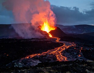 Erupting volcano at dusk, spewing fire and lava over dark earth