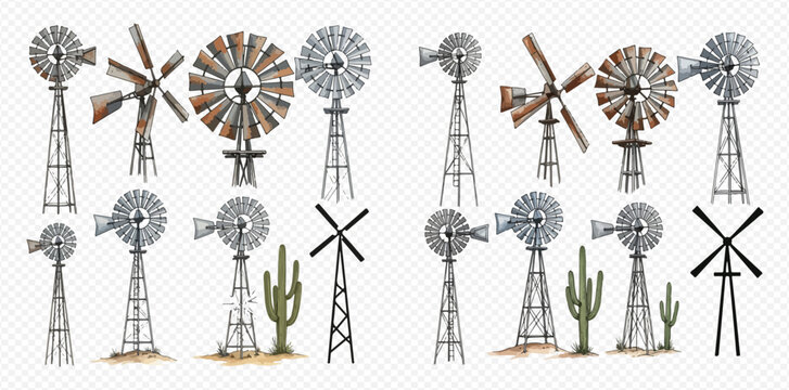 Set of various vintage farm water pumping windmills and wind turbines for power generation.