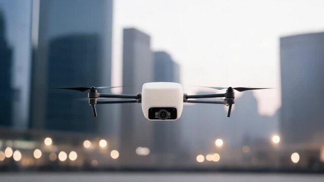 Compact white quadcopter camera drone hovering above urban rooftop and plaza dusk with cinematic