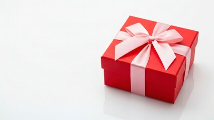 Fototapeta premium A red gift box with a pink ribbon bow against a clean white background