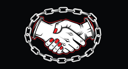 Strong Handshake in Friendship or Partnership Encased in Steel Chain, Black Background Vector Illustration, Power, Trust, and Commitment Concept