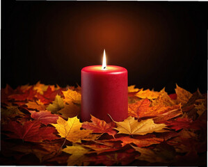 Glowing Flame Candle Surrounded by Fall Leaves on Dark Brown Background Decoration