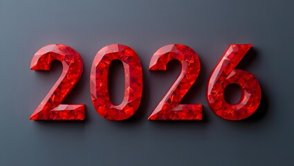 Bright Red Gemstone Numbers Signifying the Year 2026 on Gray Background