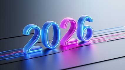 Neon Numbers 2026 with Glowing Effect on Dark Background Surface