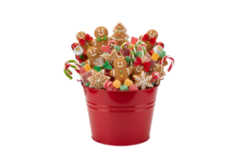 A big red bucket packed with Christmas sweets. Gingerbread cookies and confections. A New Year's snack. A festive still life on a clean white background, isolated.