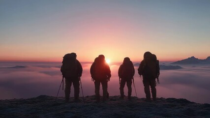 Hiker silhouettes sunrise mountain ridge with backpack and trekking pole overlooking misty valley - Powered by Adobe