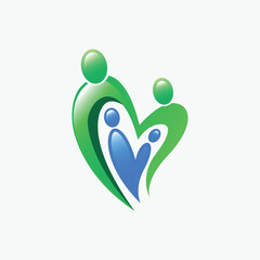 A happy family logo with a heart shape. With a combination of bright blue and bright green.