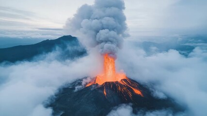 Volcano eruption glowing lava and ash plume erupting volcano fountain smoke plume dramatic natural - Powered by Adobe