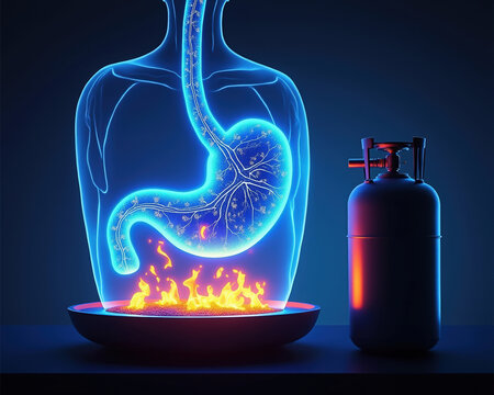 Gastrointestinal gas medical concept with stomach and methane tank digestion