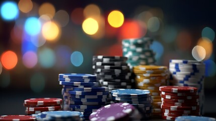 Stack of colorful poker chips on table.