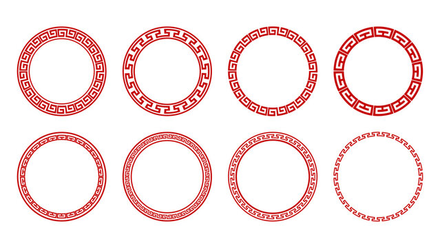 Chinese ring graphic elements collection featuring traditional Greek key circular frames for cultural branding packaging design labels emblems backgrounds and decorative oriental artwork