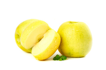 Fresh Yellow Apples with Slice and Water Droplets on White