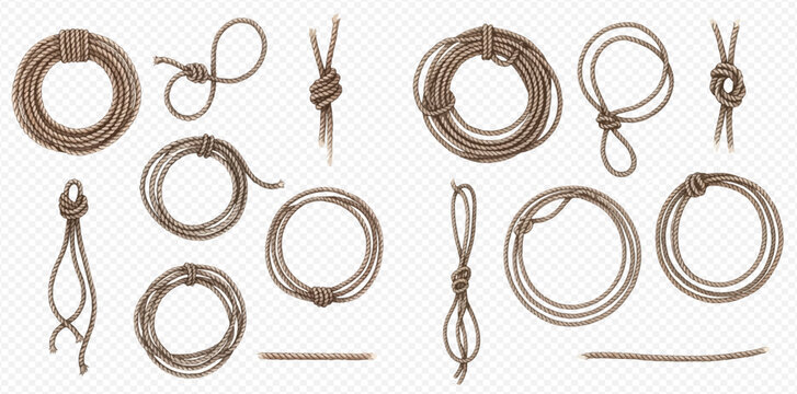 Set of various ropes, knots, and coiled lasso elements for western and nautical themes.