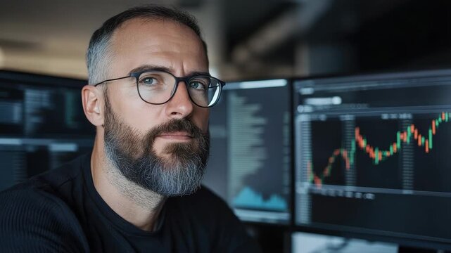 Bearded man with glasses computer monitor analyzing stock chart multiple monitors, focused