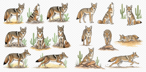 Watercolor illustration set of coyotes in various poses with desert cacti on a transparent background.