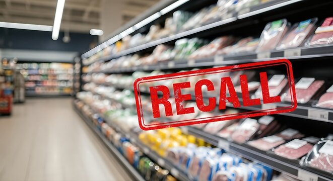 Supermarket aisle filled with various packaged products, prominently displaying a bold recall stamp, emphasizing food safety concerns and consumer awareness in a retail environment