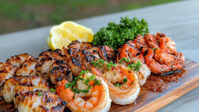 Grilled scallop shrimp platter with lemon parsley garnish savory char and glistening glaze
