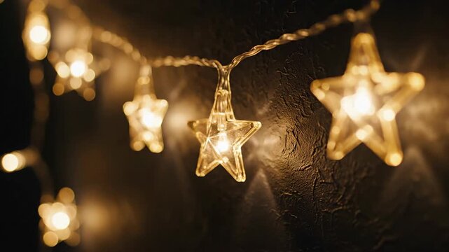 Star shaped string lights warm glowing festive decorations dark background