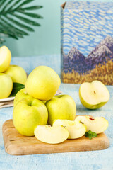 Fresh Yellow Apples Sliced on Wooden Board - Healthy Food
